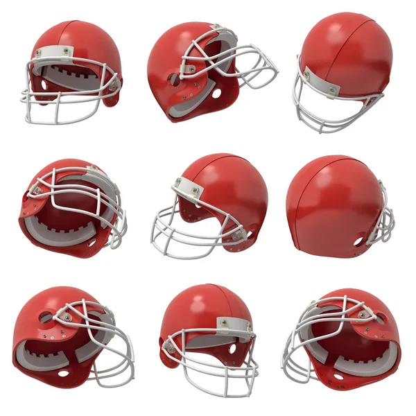 Rendering 3D di molti caschi da football americano rossi che volano in diverse posizioni su uno sfondo bianco . — Foto Stock