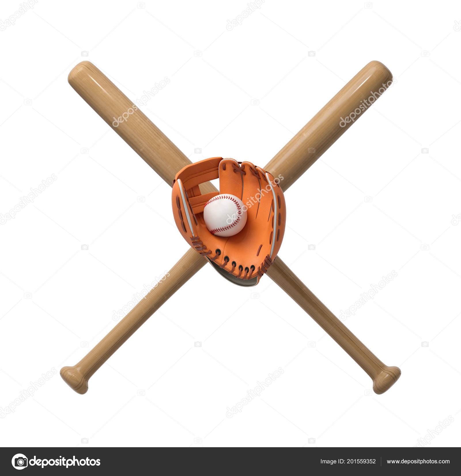 3d Rendering Of Two Wooden Baseball Bats A Glove And A Ball