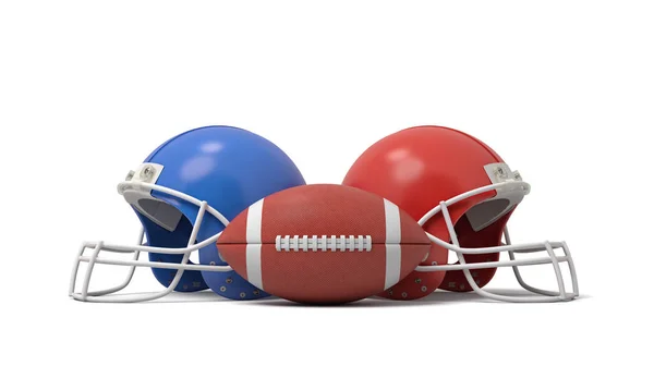 3D-weergave voor een oval American football bal tussen twee helmen van verschillende kleuren. — Stockfoto