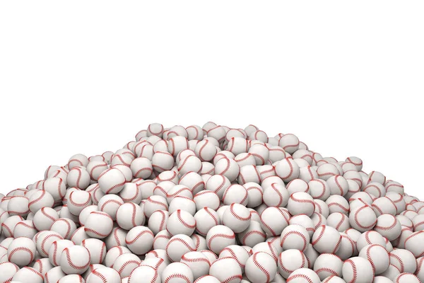 3d representación de un enorme montón de pelotas de béisbol blancas con costuras rojas sobre un fondo blanco . — Foto de Stock