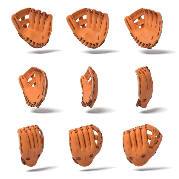 3D renderização de muitas luvas de beisebol de couro laranja em diferentes ângulos de vista em um fundo branco . — Fotografia de Stock