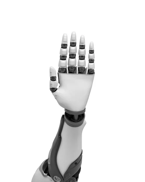 Representación 3d de una palma de mano robótica blanca y negra en frente en gesto de saludo o detención . —  Fotos de Stock