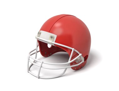 3D render kırmızı Amerikan futbol kaskı beyaz bir arka plan üzerinde beyaz bir koruyucu ızgarası.