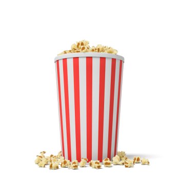 kırmızı ve beyaz çizgili bir tek küçük patlamış mısır kova patlamış mısır de taşan ile 3d render.