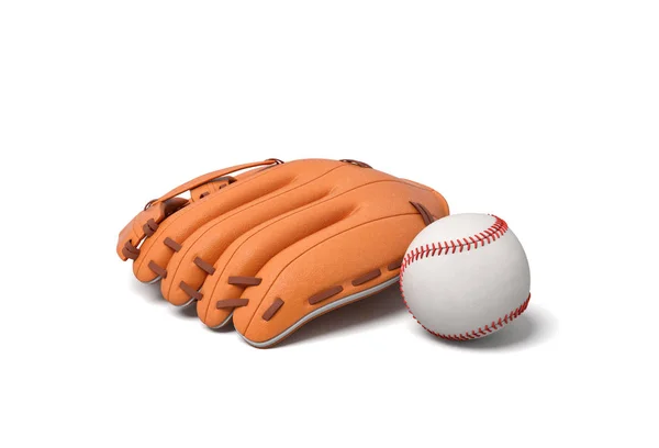 3d rendering of a white baseball with red stitching lying near an orange leather mitt on a white background. — Stock Photo, Image