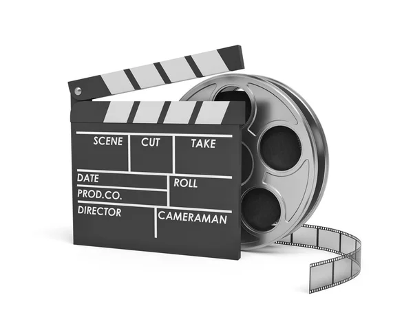 3d 显示一个视频卷轴站在黑色 clapperboard 的后面, 空的字段. — 图库照片