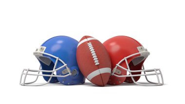 3d rendering of an oval American football ball between two helmets of different colors. clipart