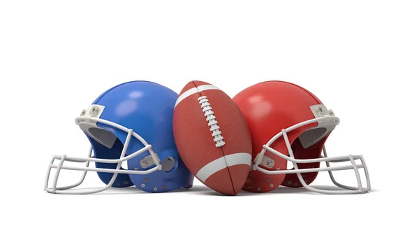 3d renderização de uma bola de futebol americano oval entre dois capacetes de cores diferentes . — Fotografia de Stock