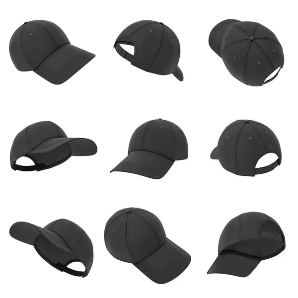 Representación 3d de muchas gorras de béisbol negro que cuelgan sobre un fondo blanco en diferentes ángulos . —  Fotos de Stock