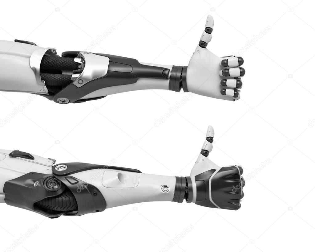 3d rendering of two robot arms with hand fingers in thumbs-up gesture of approval.