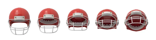 Rendu 3d de plusieurs casques de football américains en couleur rouge montré en vue de face avec grille avant différemment ouverte — Photo