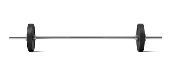 3d renderização de uma barra de metal de cor prata com várias placas de peso preto em um fundo branco . — Fotografia de Stock