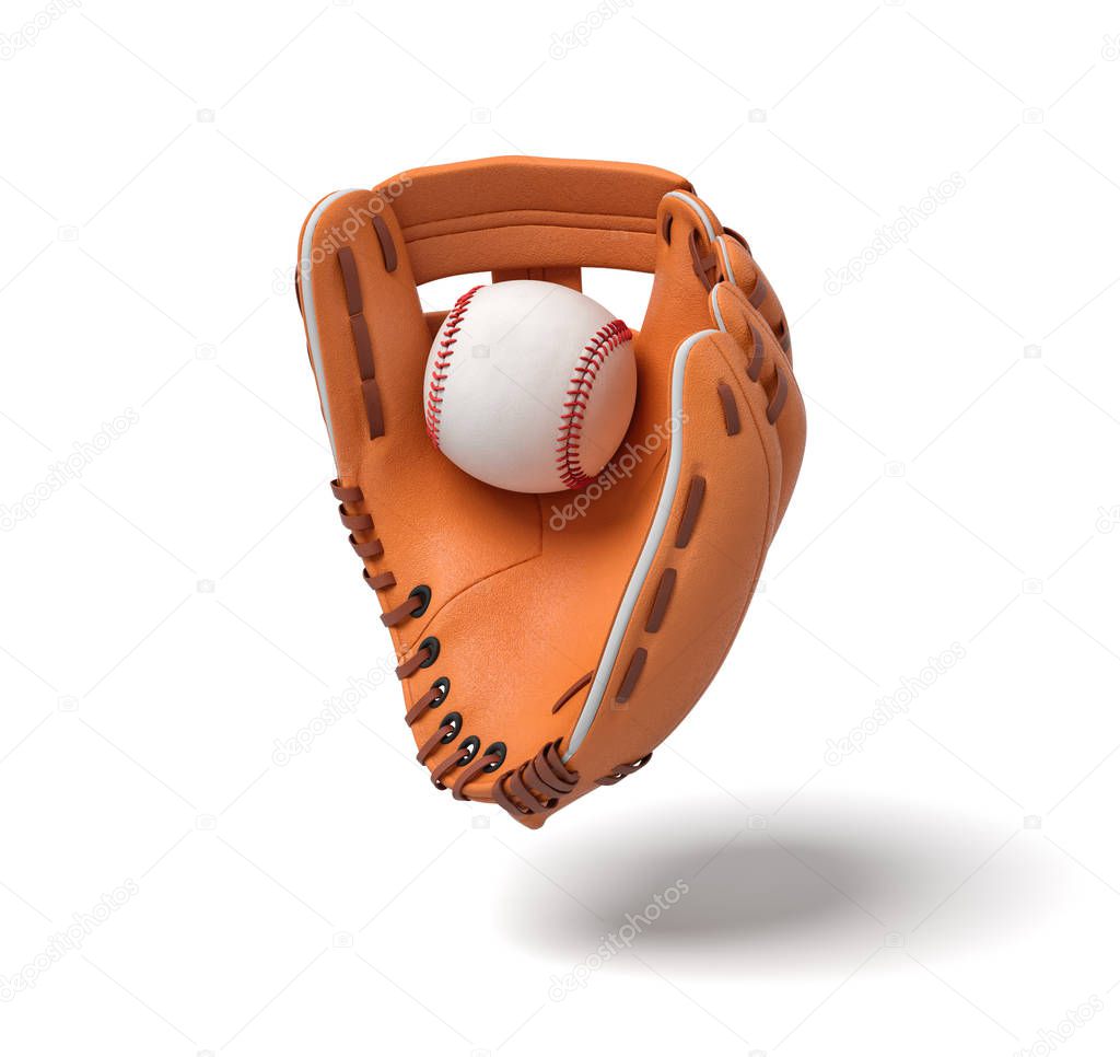 3d rendering of a new orange baseball mitt hanging on the white background with a white ball inside it.