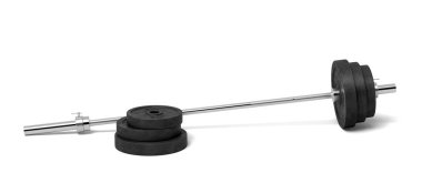 beyaz bir arka plan üzerinde birkaç siyah ağırlık plakalı gümüş renkli metal halter 3D render.