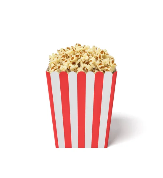 3D-Rendering eines quadratisch gestreiften Popcorn-Eimers mit diesem Snack über dem Rand auf weißem Hintergrund. — Stockfoto