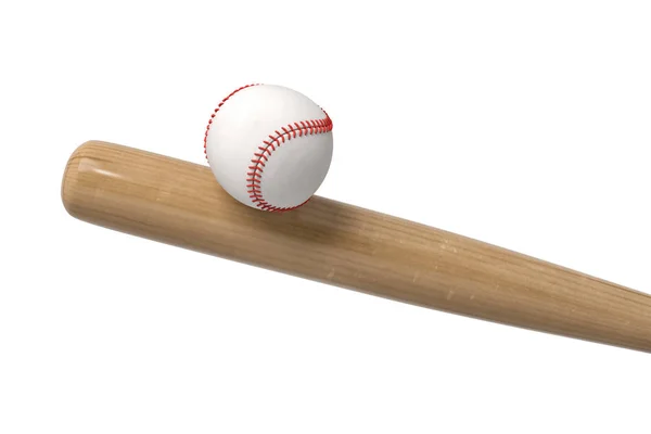 Rendering 3d di una palla da baseball bianca con cuciture rosse bilanciamento su un pipistrello di legno in vista da vicino . — Foto Stock