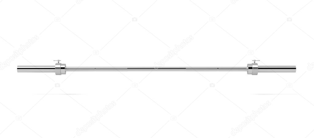 3d rendering of a single metal barbell without any weights hanging horizontally on a white background.