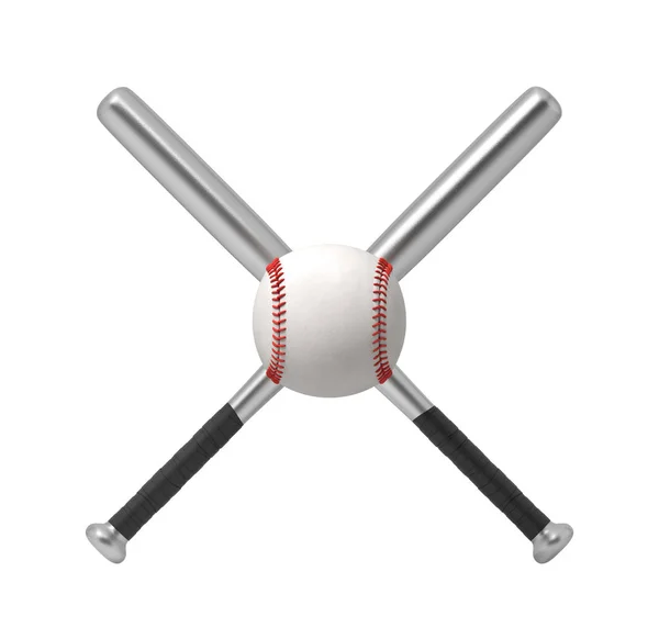 3d representación de dos murciélagos de béisbol de acero haciendo una forma de cruz con una pelota de béisbol blanca gigante en frente de ellos . — Foto de Stock