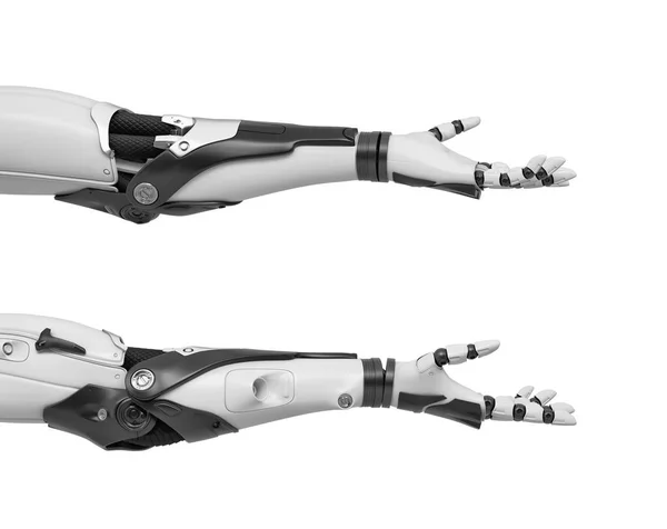 Representación 3d de dos brazos robóticos en blanco y negro mostrados horizontalmente con palmas abiertas en gesto amistoso . —  Fotos de Stock