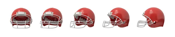 3D rendering uppsättning amerikansk fotboll hjälmar i röd färg isolerad på vit bakgrund. — Stockfoto