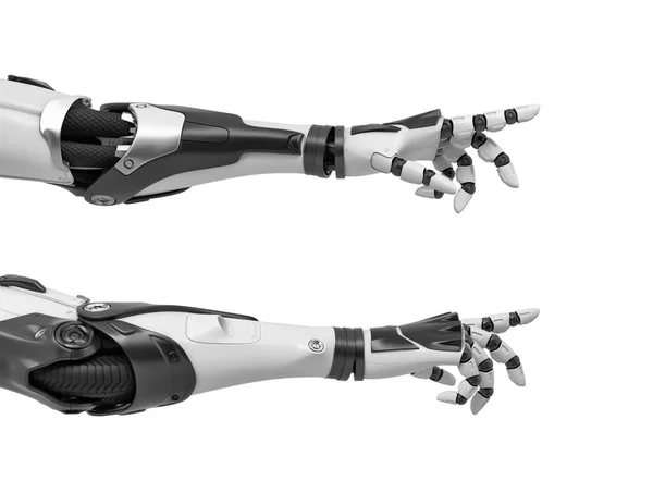 Representación 3d de dos manos robóticas en blanco y negro extendiéndose con sus dedos como si tocara algo . —  Fotos de Stock