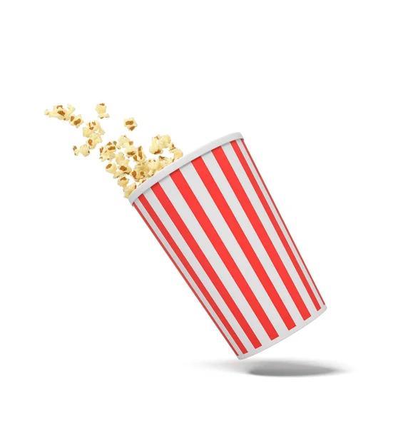 3d rendering of a round striped popcorn bucket hanging in the air with popcorn flying out of it. — Stock Photo, Image