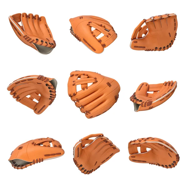 3D-weergave van veel oranje leder honkbal handschoenen vliegen in verschillende hoeken van weergave op een witte achtergrond. — Stockfoto