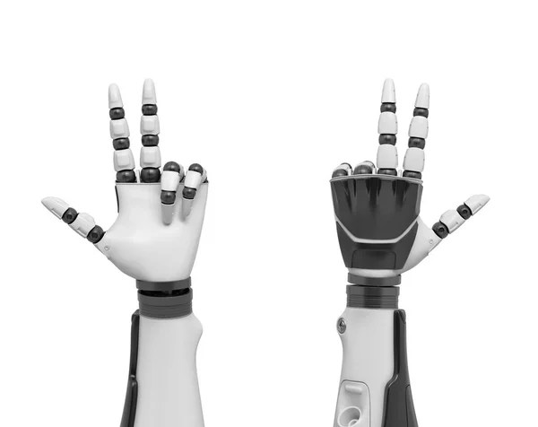 3D renderização de dois braços robóticos com todos os dedos salientes, exceto o anel e os dedos rosados . — Fotografia de Stock