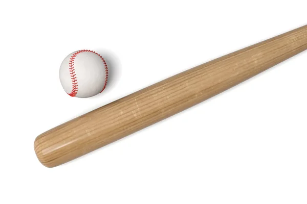 3D-weergave van een houten honkbalknuppel met zwarte wrap op het handvat liggen in de buurt van een witte lederen bal. — Stockfoto