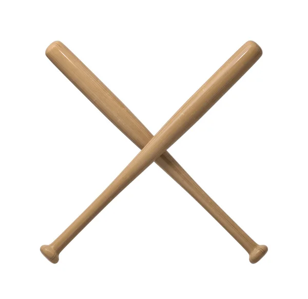 3d rendering of two wooden baseball bats with polish finishing making a cross shape on a white background. — Stock Photo, Image