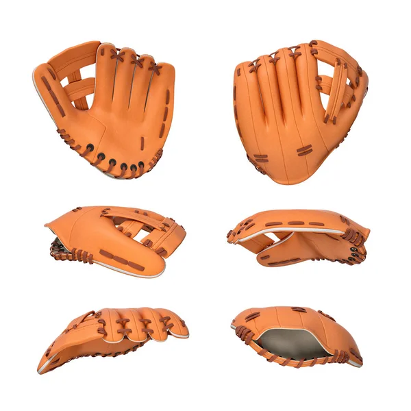 3D renderização de muitas luvas de beisebol de couro laranja voando em diferentes ângulos de vista em um fundo branco . — Fotografia de Stock