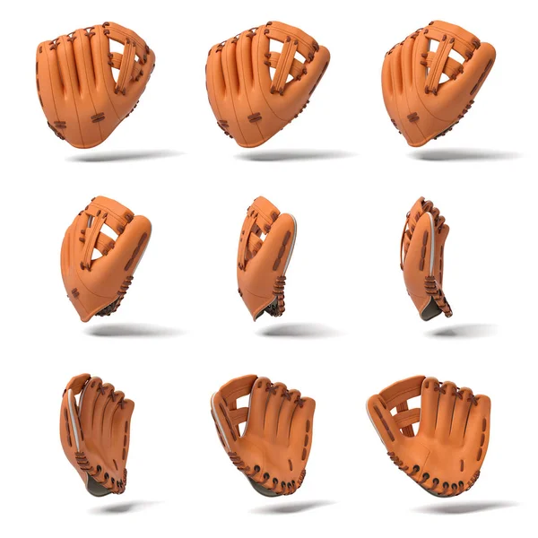 3D-rendering av många orange läder baseball handskar i olika vinklar av vy på en vit bakgrund. — Stockfoto