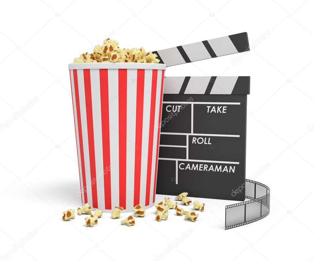 3d rendering of a full popcorn bucket standing near an empty clapperboard and a film strip behind them.