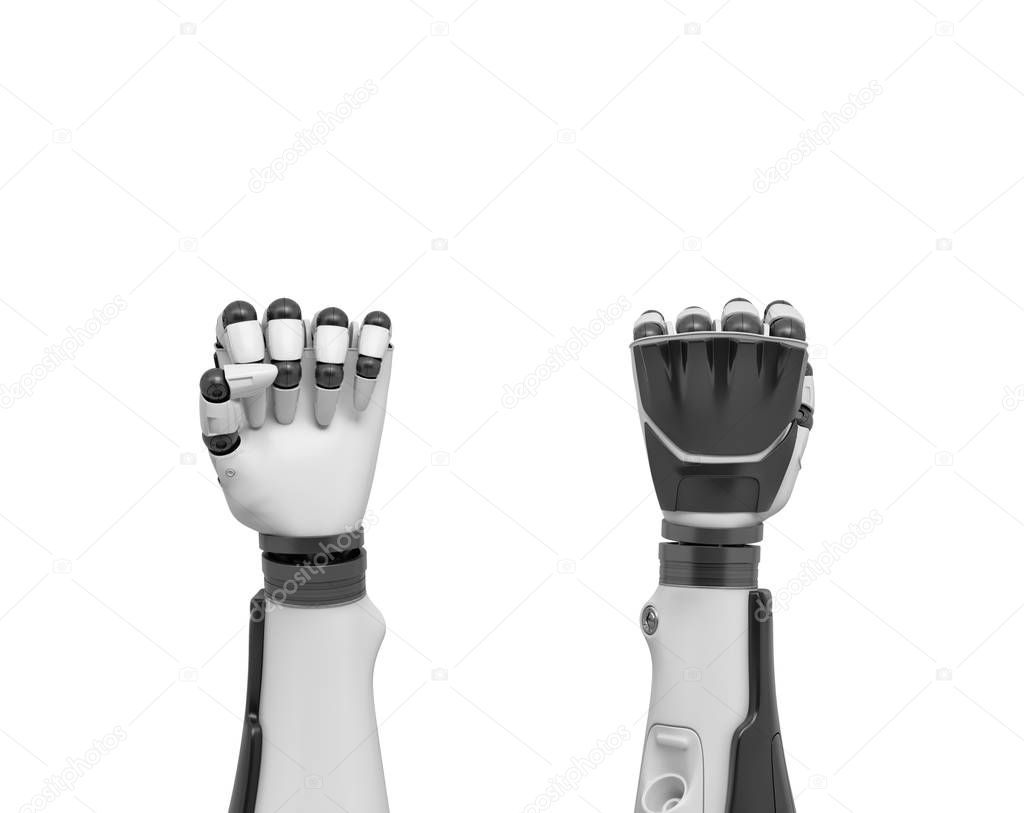 3d rendering of two robotic arms in tight fists shown from the front and the back of the hands.