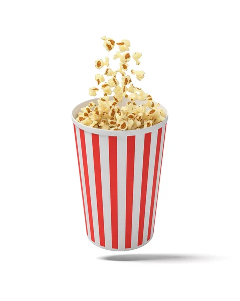 Wiadro okrągłe pasiasty popcorn wisi w powietrzu z popcornu latanie z niego renderingu 3D. — Zdjęcie stockowe