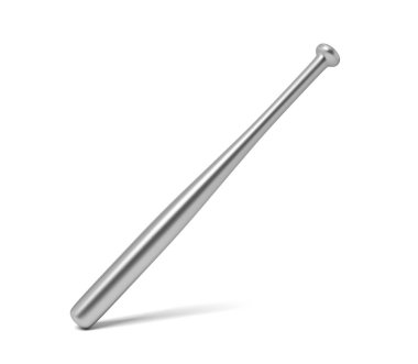 3D render ile yüzey ayakta beyaz bir arka plan üzerinde parlayan bir tek metal beysbol sopası.