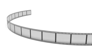 düzenlenmiş bir tek film şeridi 3D render döner ve beyaz arka plan üzerinde eğilir.