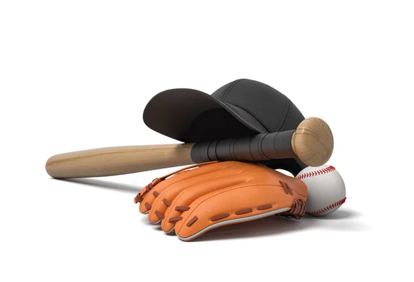 3d renderização de um boné de beisebol preto deitado acima de um morcego de madeira que equilibra acima de uma luva de couro perto de uma bola branca . — Fotografia de Stock