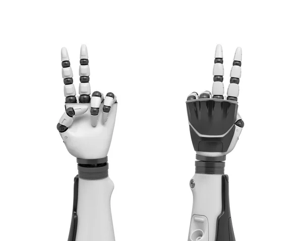 3d renderização de dois braços robóticos com o indicador e os dedos do meio salientando . — Fotografia de Stock