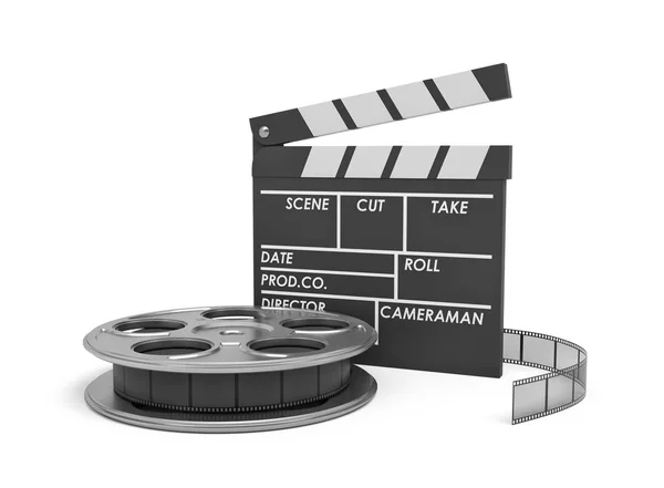 3d rendering of a video reel aand black clapperboard with empty fields on white background. — Stock Photo, Image