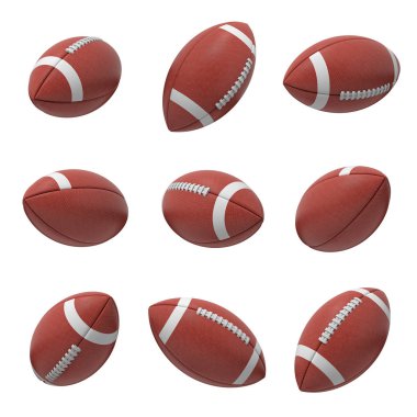 3d rendering of several oval American football ball hanging on a white background and shown from different sides. clipart