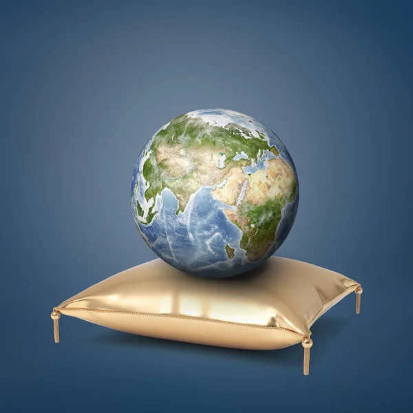 3d rendering of a green Earth globe rests on a golden cushion with tassels on a blue background. — Stock Photo, Image