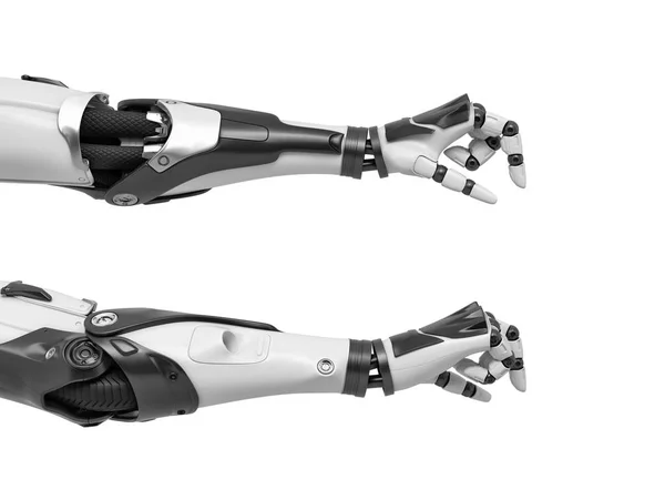 엄지 및 집게 손가락을 측정 하는 매우 작은 개체와 함께 두 개의 로봇 팔의 3d 렌더링. — 스톡 사진