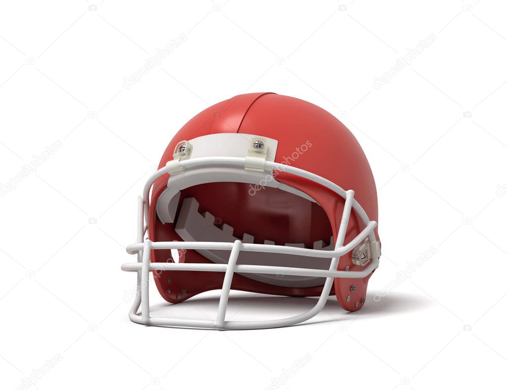 3d rendering of a red American football helmet with a white protective grid on a white background.