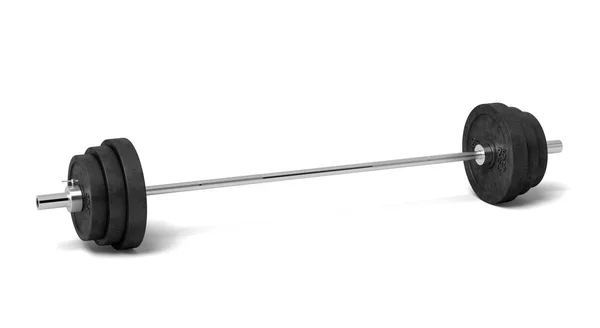 3d rendering of a silver colored metal barbell with several black weight plates on a white background. — Stock Photo, Image