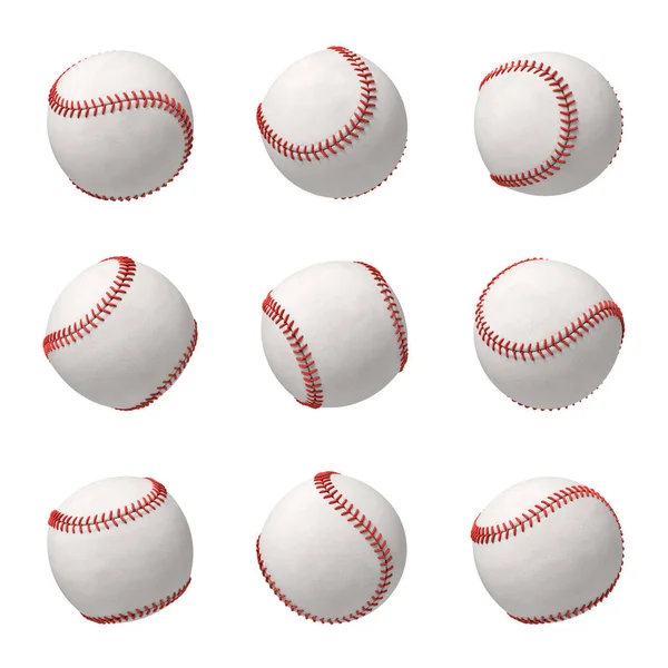 3d rendering of a set made of several white leather baseballs with red stitching hanging on a white background. — Stock Photo, Image