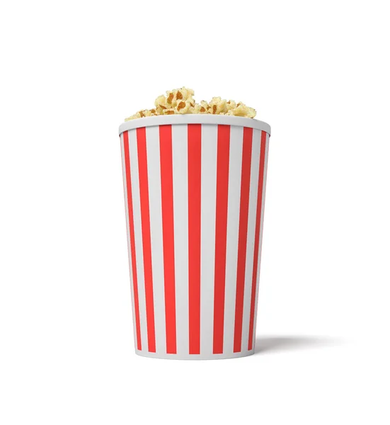 3D-Darstellung eines einzigen kleinen Popcorn-Eimers in rot-weißen Streifen mit Popcorn, das nach oben reicht. — Stockfoto