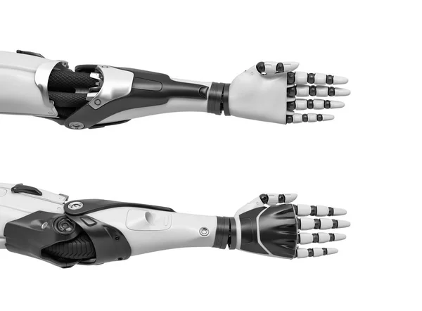 Representación 3D de dos brazos robot con dedos de mano sostenidos rectos y compactos para un apretado apretón de manos . —  Fotos de Stock