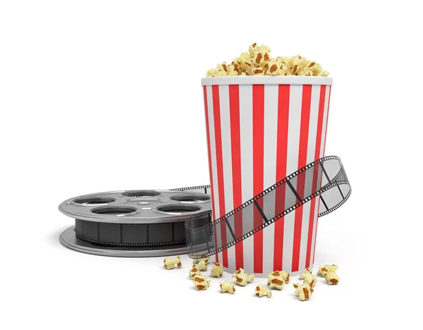 3D-Rendering einer Videorolle mit Videofilm, der sich um einen großen Eimer voll Popcorn erstreckt. — Stockfoto