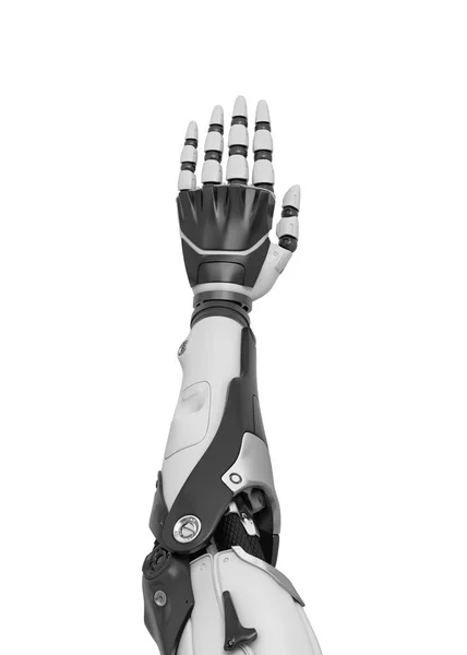 3d gjengivelse av en hvit og svart robothånd som vises vertikalt fra baksiden av håndflaten . – stockfoto